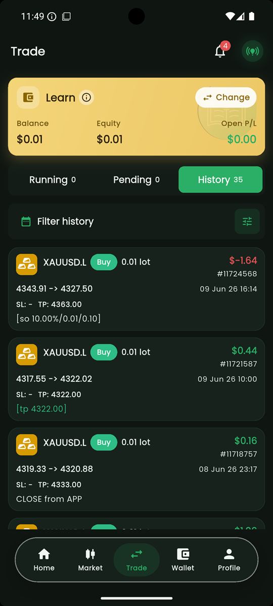 Labapro trade history screen